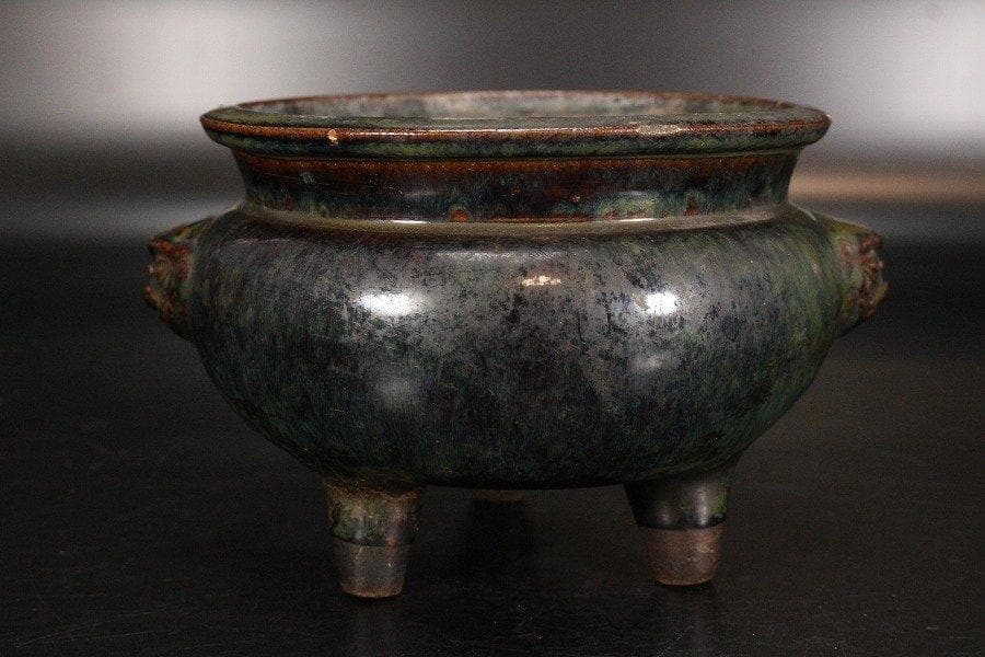 中国美術 窯變 海鼠釉 三足 獅子耳 香炉 明 旧家蔵出