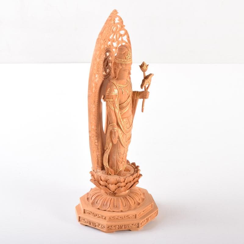 仏教美術　金彩柘植彫刻　聖観音菩薩像　仏像　置物　M　7073