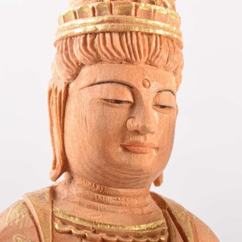 仏教美術　金彩柘植彫刻　聖観音菩薩像　仏像　置物　M　7073