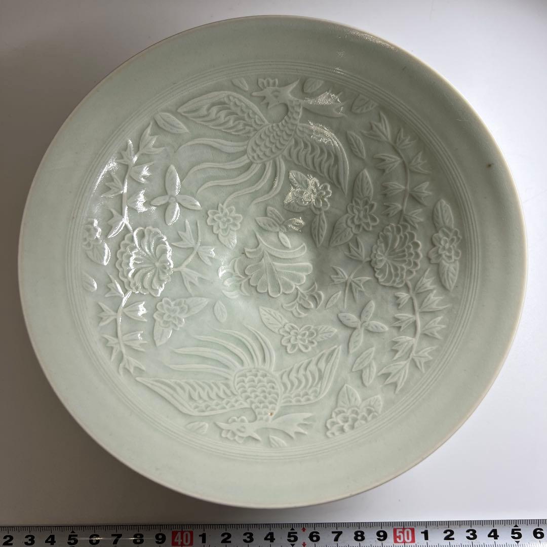 中国清朝時代　陽刻鳳凰文影青鉢　木箱　20.2㎝　東Y7-0702⭐︎2Fトコエサ