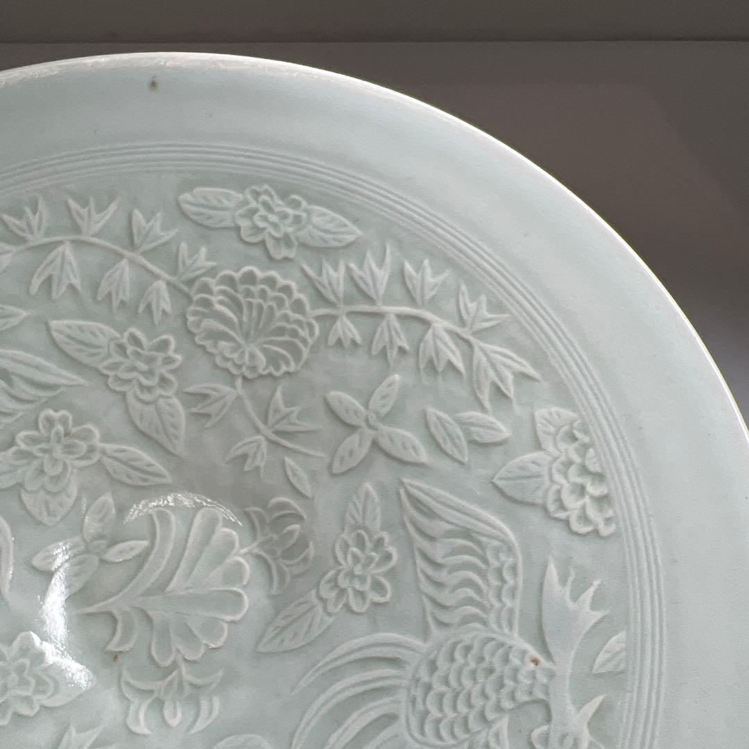 中国清朝時代　陽刻鳳凰文影青鉢　木箱　20.2㎝　東Y7-0702⭐︎2Fトコエサ