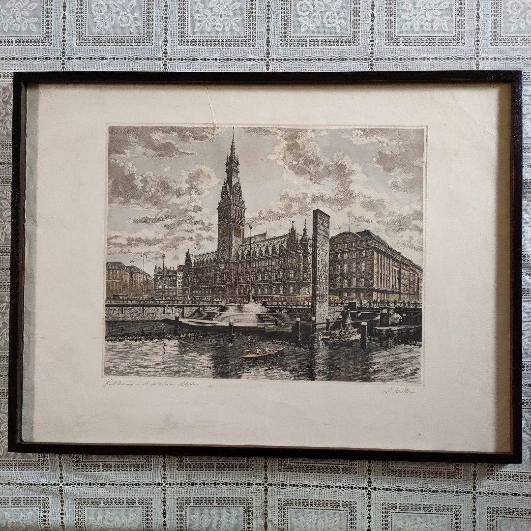 Adler Richard作エッチング『ハンブルク市庁舎とクライネ アルスター』