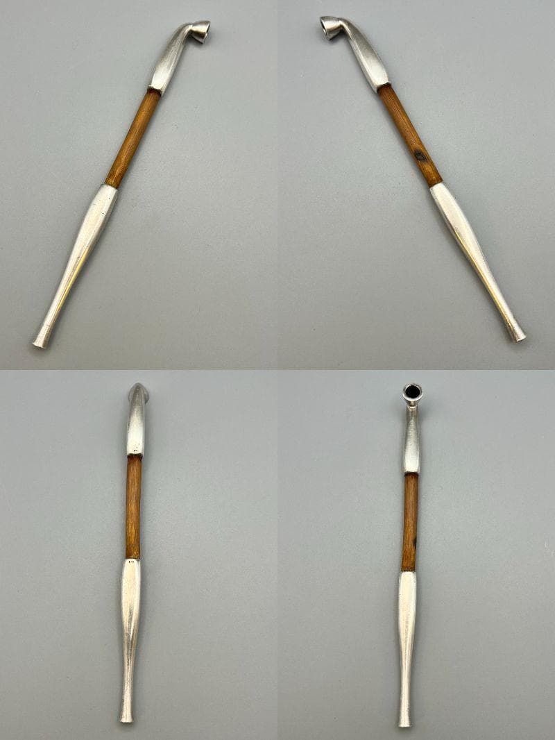 江戸明治時代　月と動物鉄金具　水晶玉根〆　純銀製キセル　重量約125g