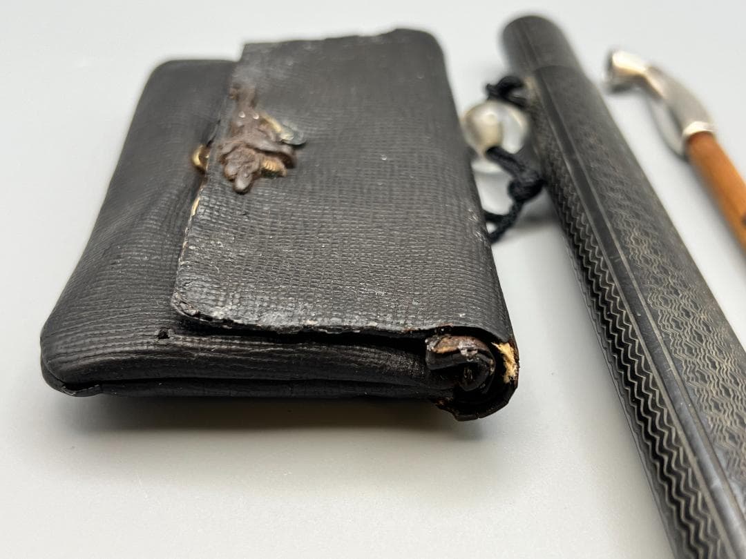 江戸明治時代　月と動物鉄金具　水晶玉根〆　純銀製キセル　重量約125g