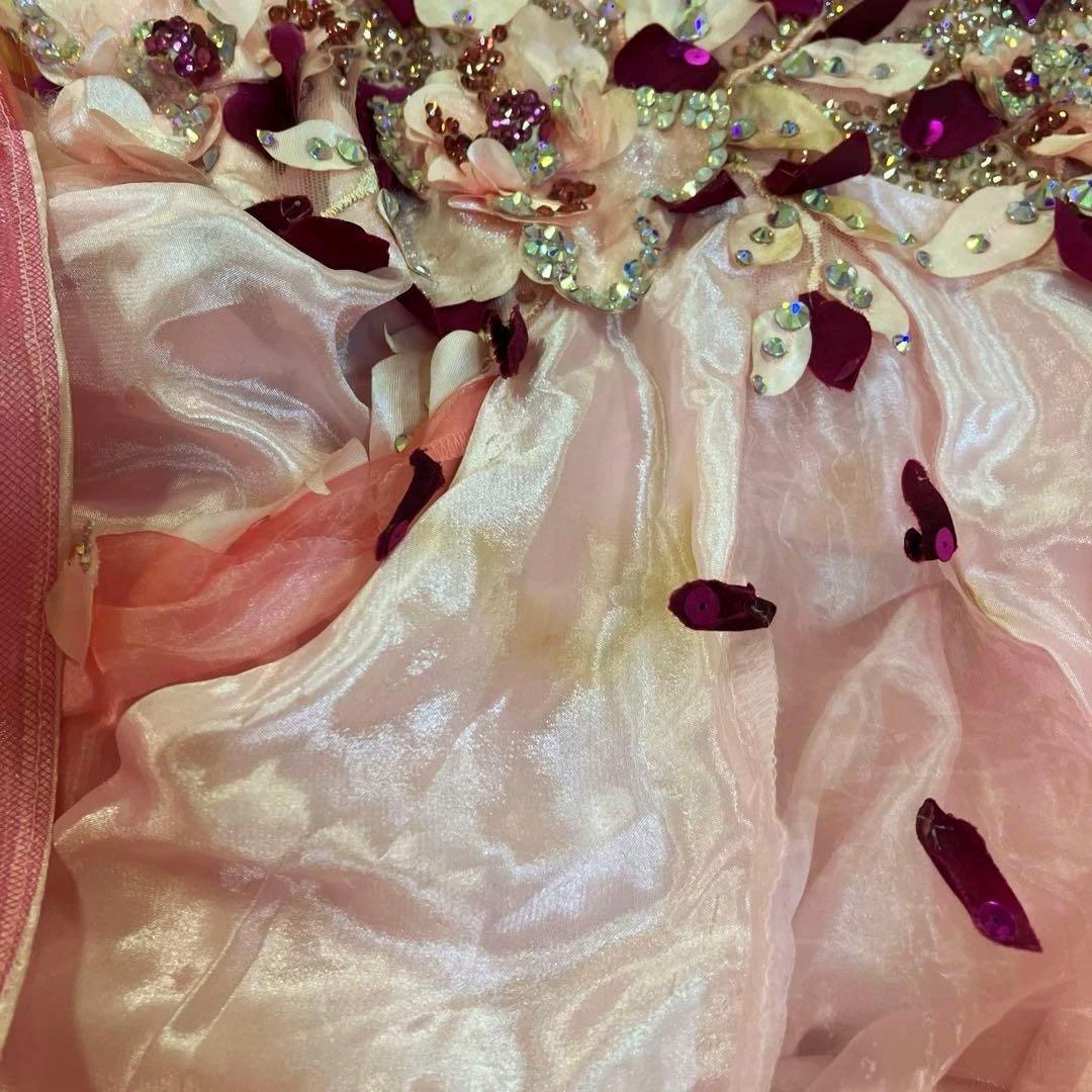 社交ダンスドレス 長袖 スタンダード ピンク フラワー装飾