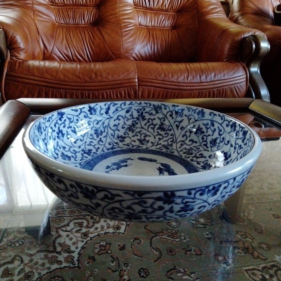 中国骨董大き目サイズ【松、竹、梅三友図染付青花洗】在銘旧家蔵希少貴重コレクション