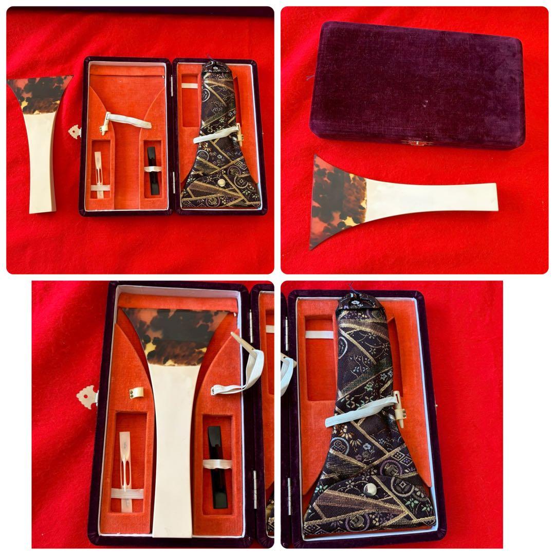 中棹 長唄三味線 紅木 金細 三つ折り 子持ち綾杉胴 犬皮 両面 ハードケース付