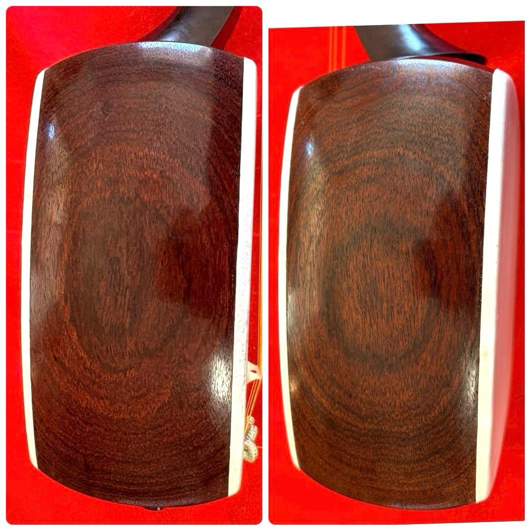 中棹 長唄三味線 紅木 金細 三つ折り 子持ち綾杉胴 犬皮 両面 ハードケース付