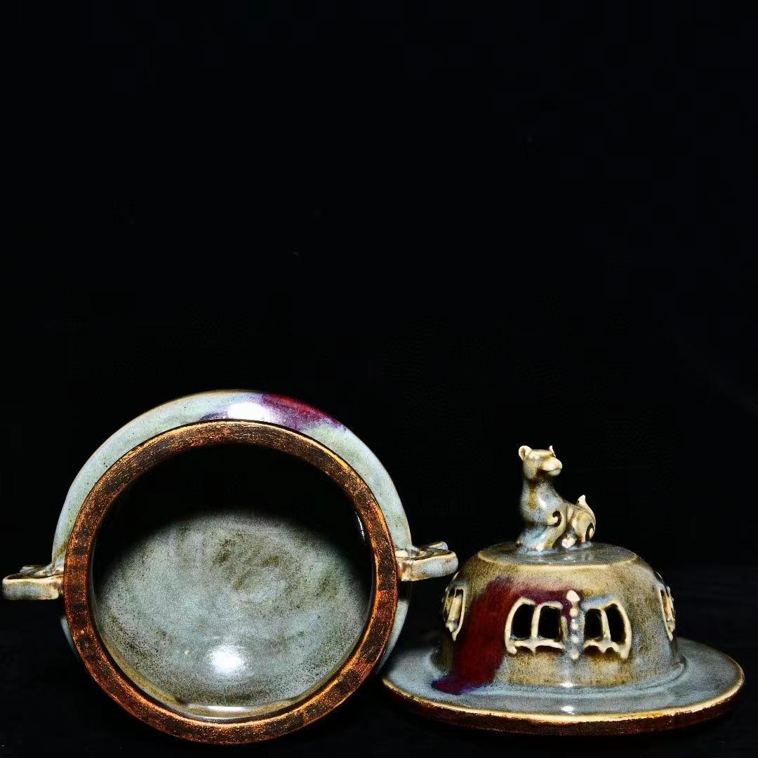 中国古美術・旧蔵の磁器、曜変釉と鎏金で口と双耳香炉・20x28cm・茶道具・置物