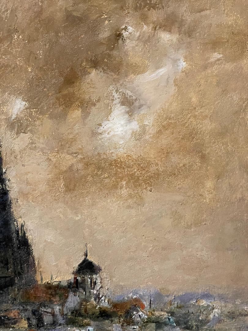 【模写】千本裕三「教会の見える丘」風景画　油彩画　額装　サイン有り　F15号