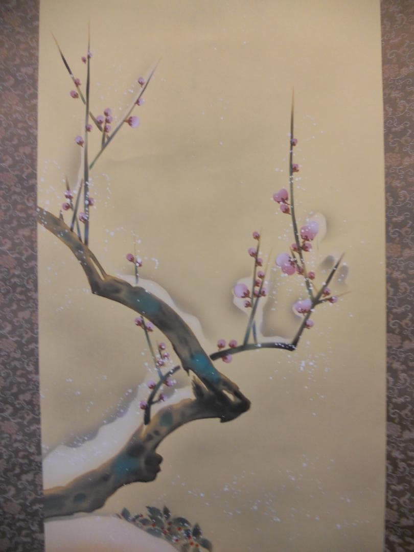 掛け軸 永縄雅光 梅に鴛鴦 絹本 希少 軸装 茶道具 掛軸 美品 です。