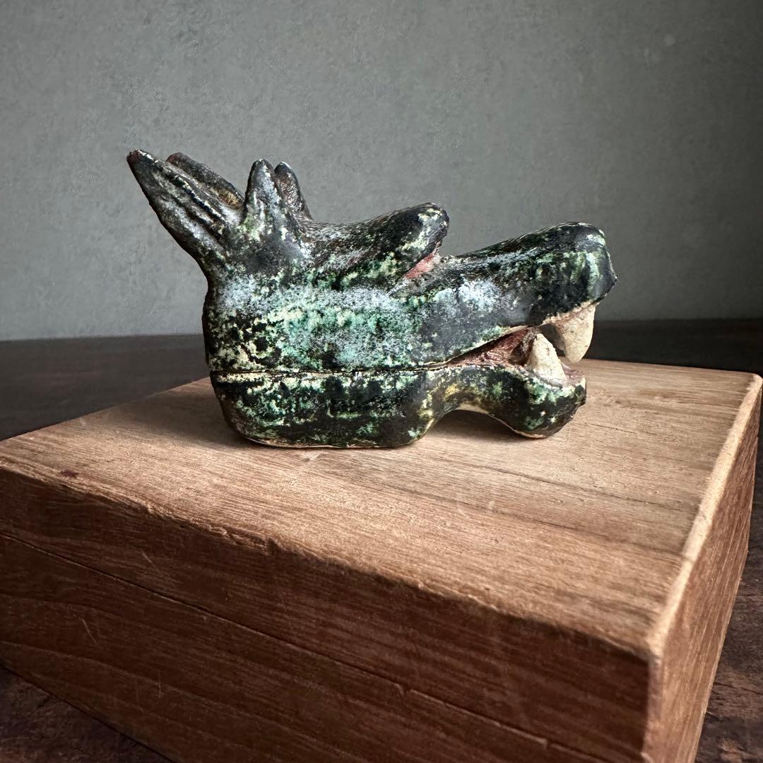 【珍品】美濃焼 織部焼 香道具 龍の頭型香合  龍頭香合 陶印あり 骨董