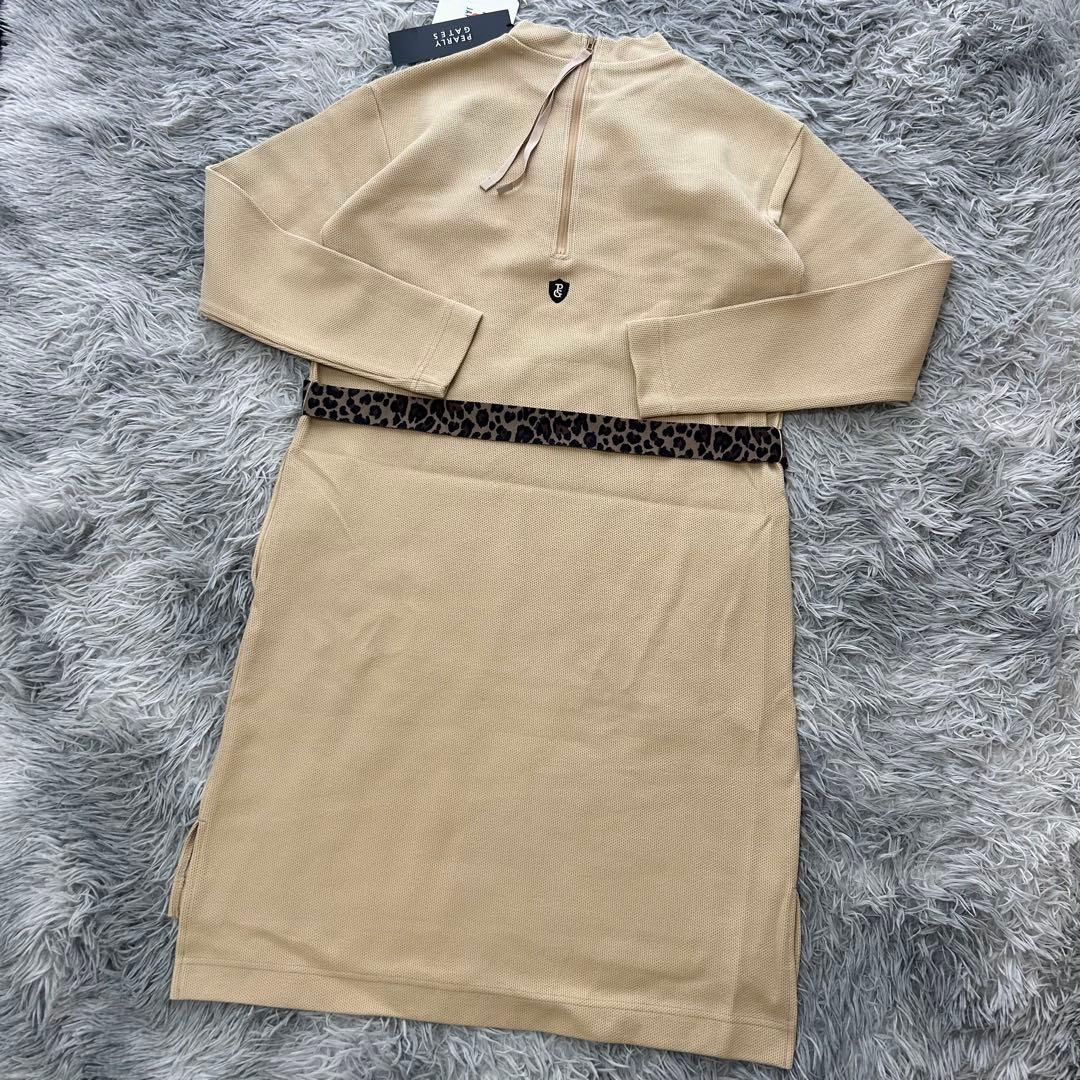 新品　パーリーゲイツ　ワンピース　モックネック　長袖　ベージュ　レオパード　1