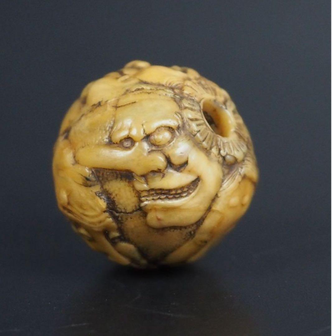 送料無料　江戸時代　鬼面細密彫　緒締玉　　径1.8cm 重4g検/提げ物緒締玉根