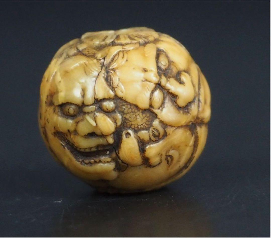 送料無料　江戸時代　鬼面細密彫　緒締玉　　径1.8cm 重4g検/提げ物緒締玉根