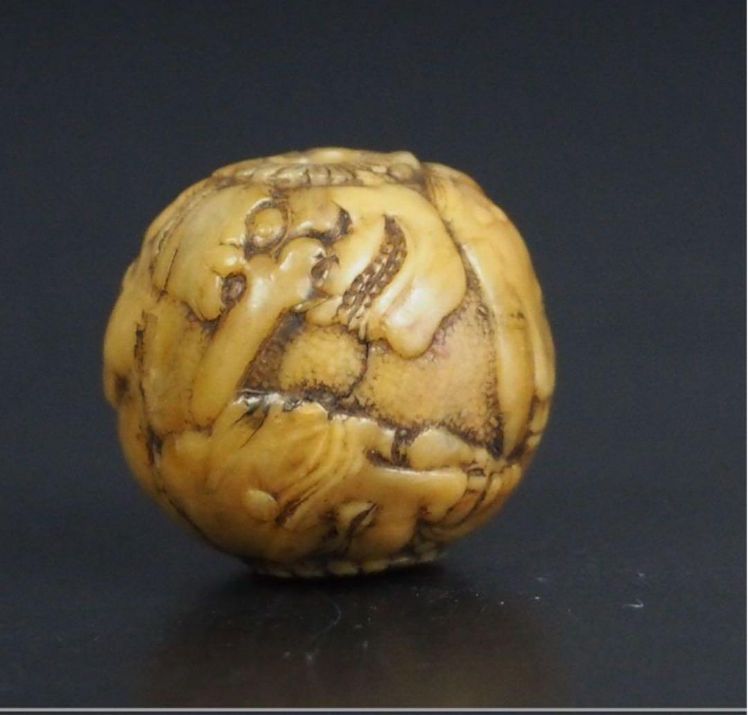 送料無料　江戸時代　鬼面細密彫　緒締玉　　径1.8cm 重4g検/提げ物緒締玉根