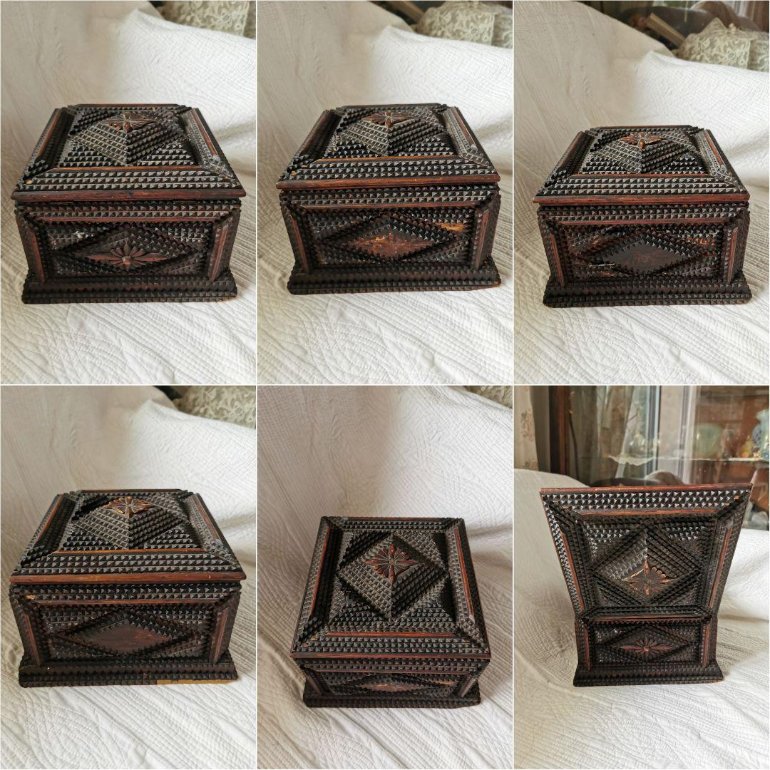 アンティーク 木製彫刻装飾トランプアート 蓋付き裁縫ボックス 内装総グリーン布張