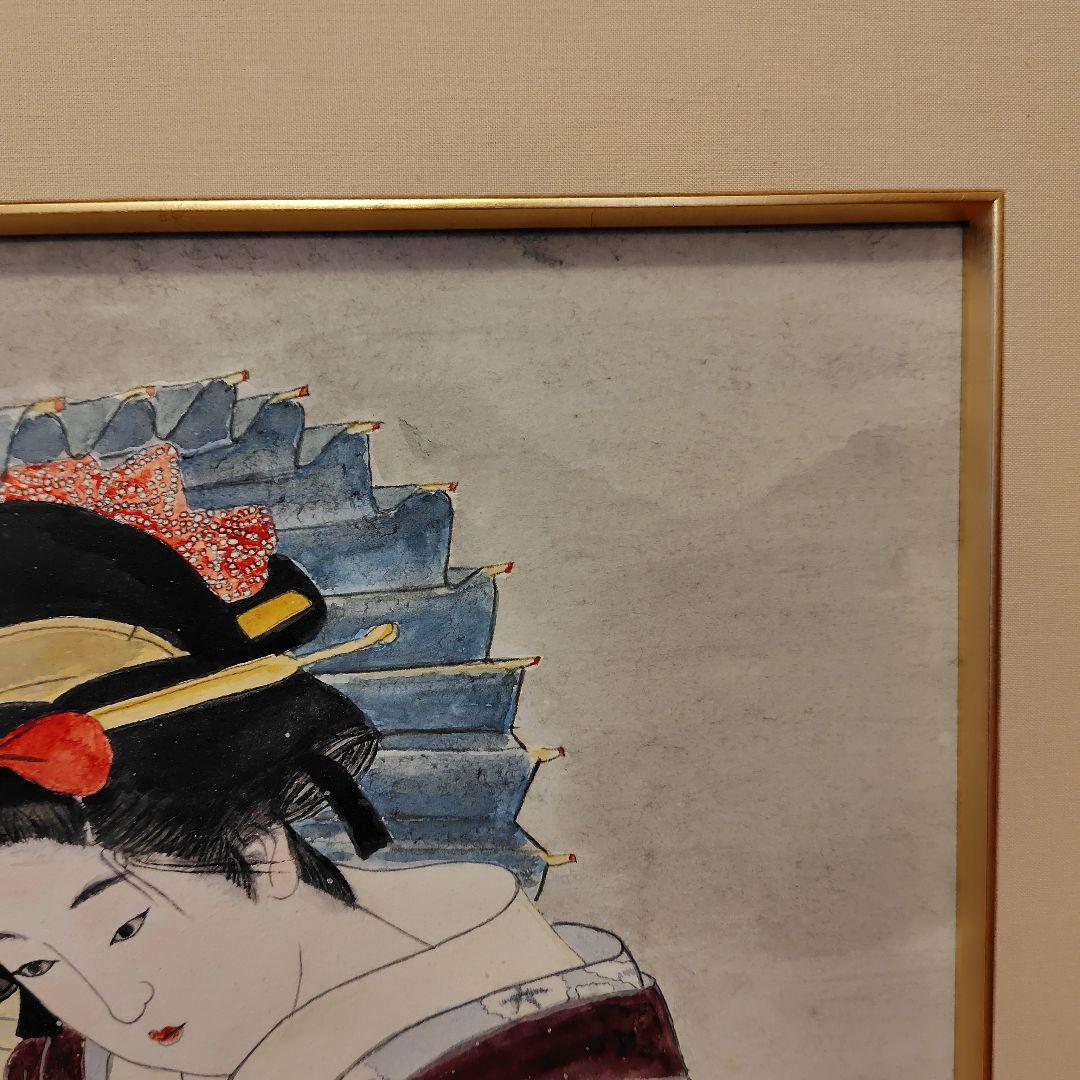 日本画　傘を差す女性画　額縁【銘入り】