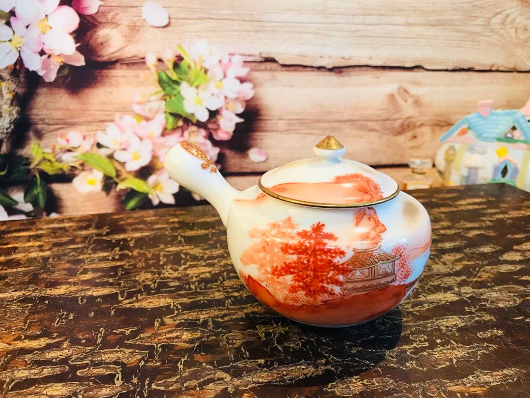 稀少 時代古物 古九谷 赤絵 金彩山水閣楼紋 煎茶器 急須/煎茶碗/湯冷 5点