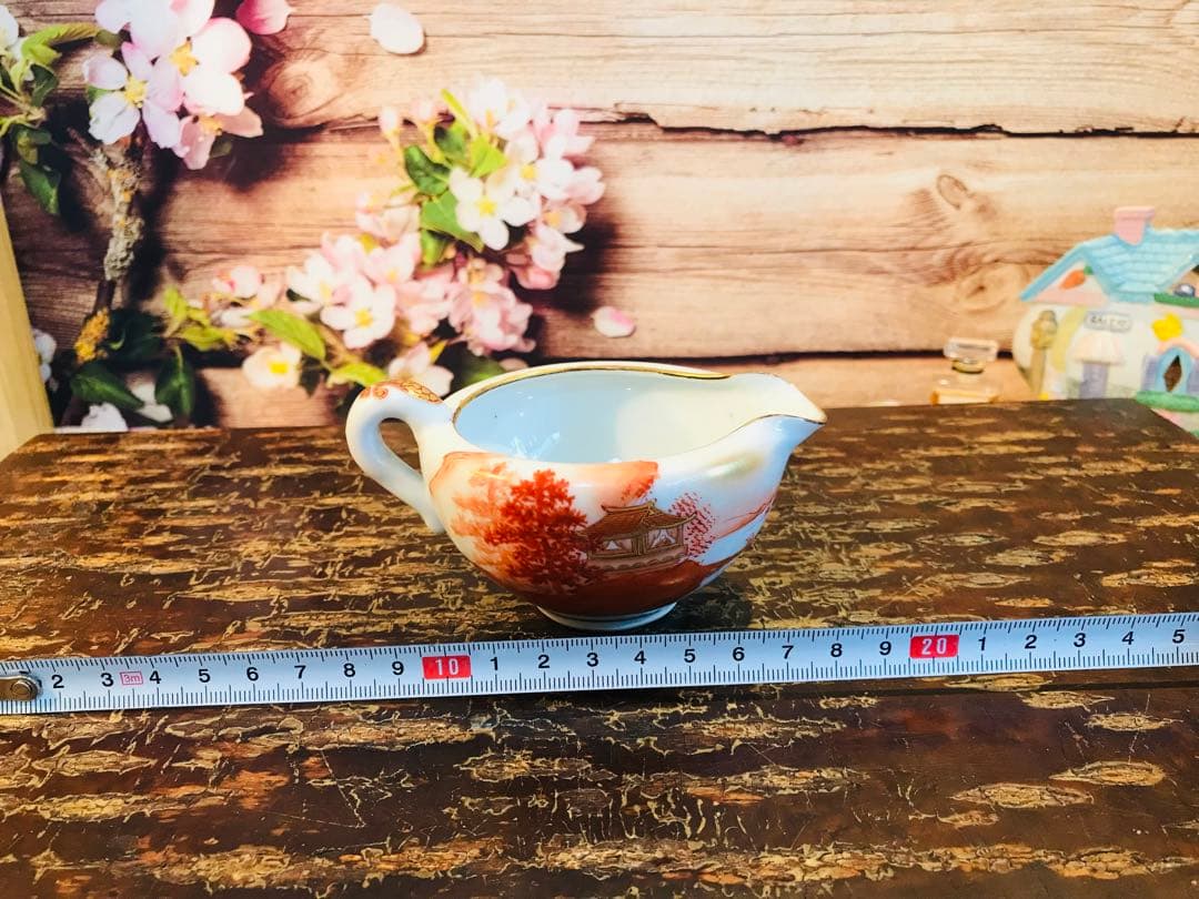 稀少 時代古物 古九谷 赤絵 金彩山水閣楼紋 煎茶器 急須/煎茶碗/湯冷 5点