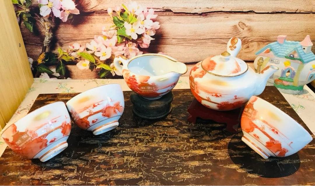 稀少 時代古物 古九谷 赤絵 金彩山水閣楼紋 煎茶器 急須/煎茶碗/湯冷 5点