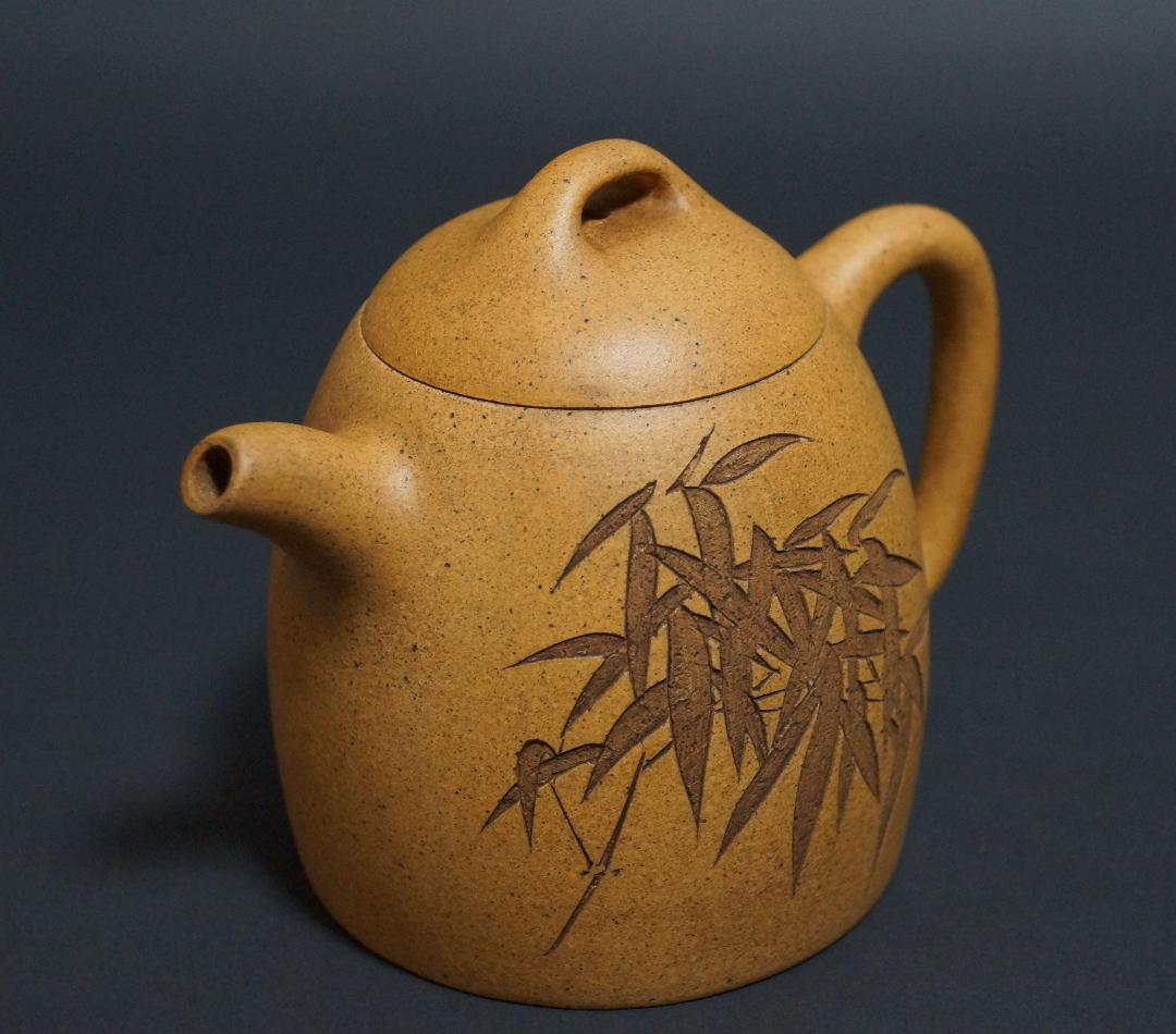 清 名家 「石林何氏」款 何心舟作 細工彫り『竹漢詩文』 造形紫砂壺 秦権壺急須