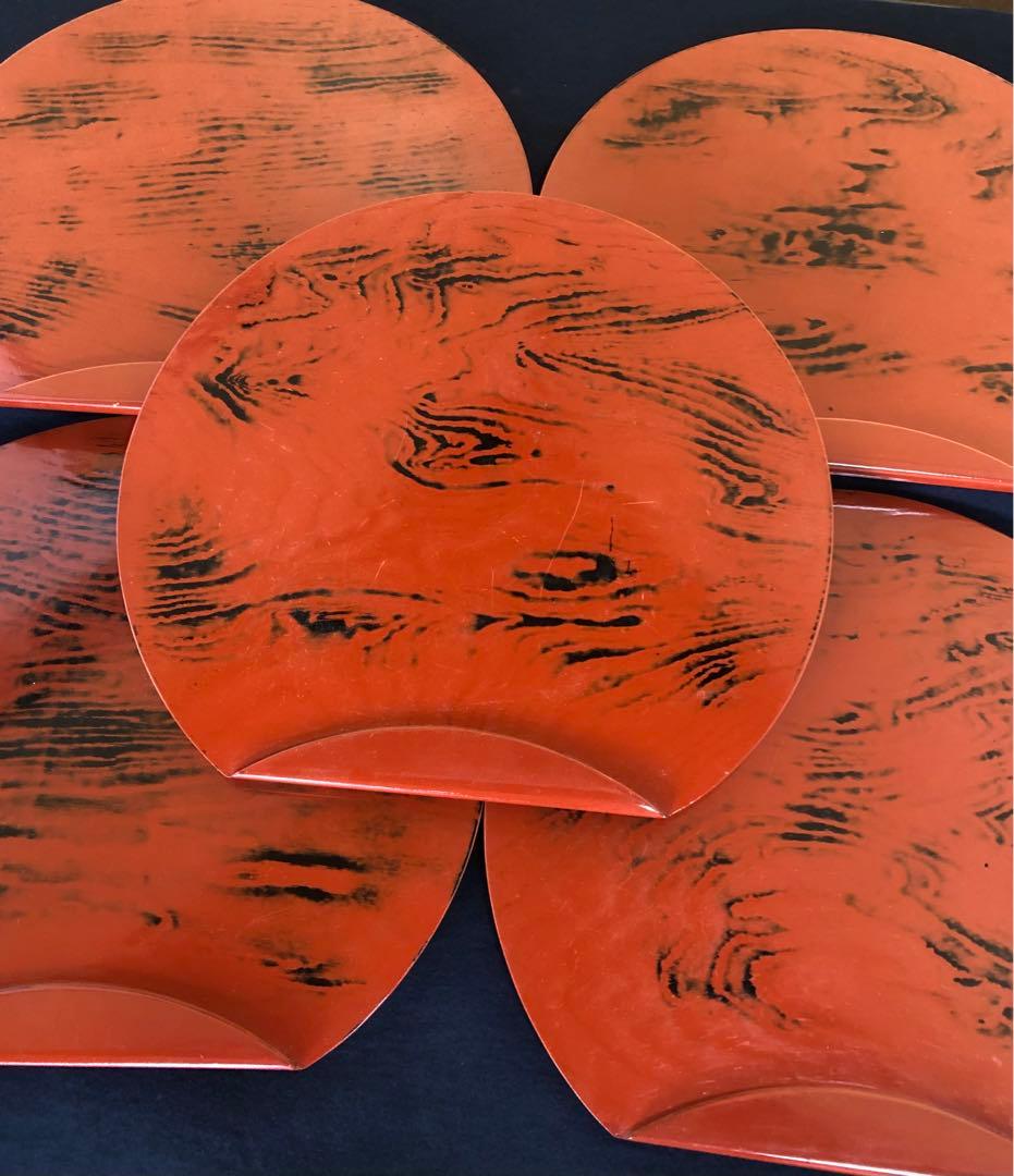 割引❗️《R》根来塗 半月盆5客 膳 木製漆器 懐石 元箱　250820G1