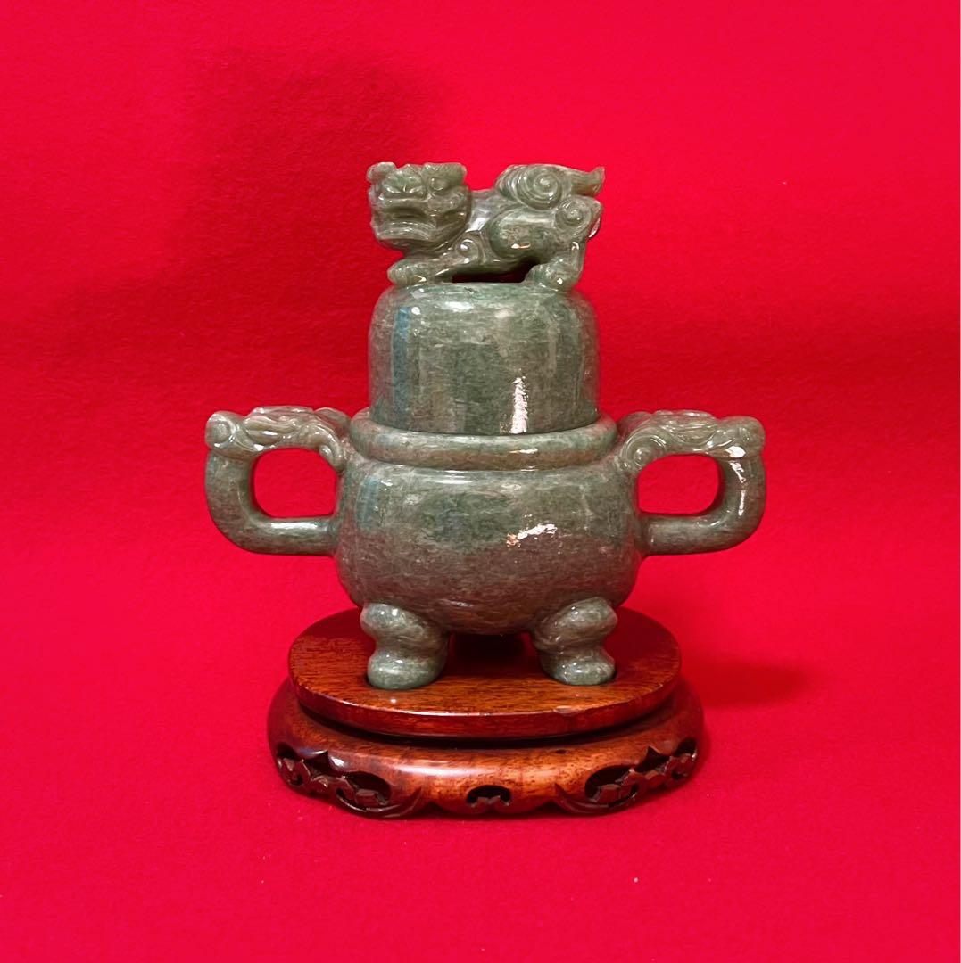 中国美術 中国古玩 玉石 三足香炉 置物 香道具 台座付き