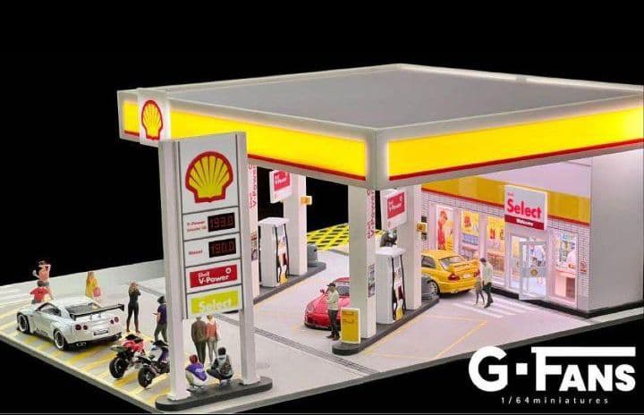 ◉1/64ジオラマ2点セット【シェルGS➕日産ショールーム】（LED付）《新品》