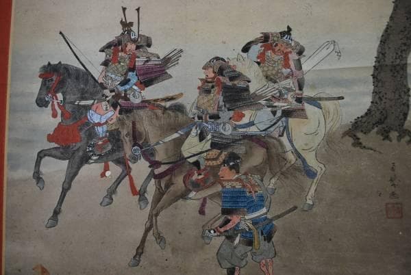 【真作】雨城/武者絵/掛軸/名家伝来/K-387　J