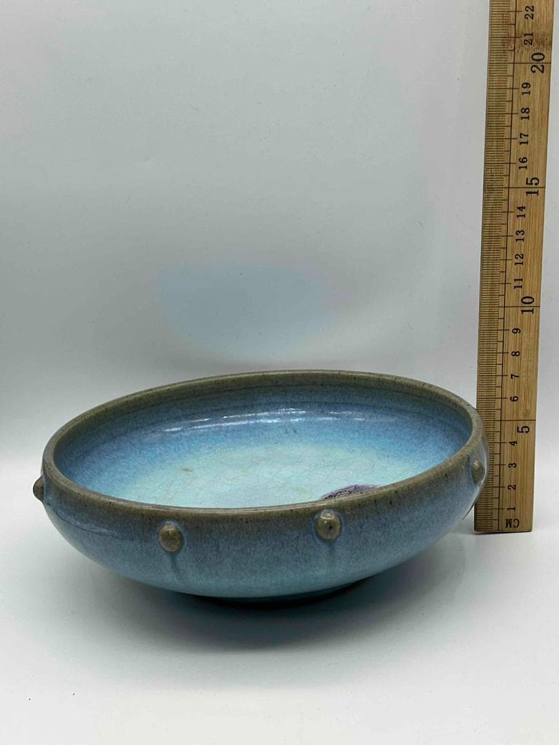 宋から元時代　鈞窯　澱青月白釉紫斑 鼓釘鈕洗 水丞 【旧家蔵出し】(B-92)