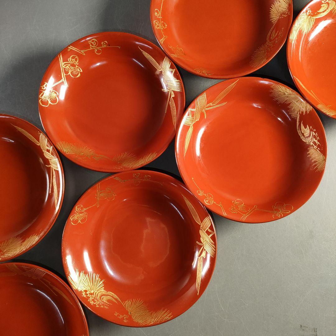 A1375-5/輪島塗/金彩松竹梅堀画輪島朱色木皿20客/向付/懐石道具/銘々皿