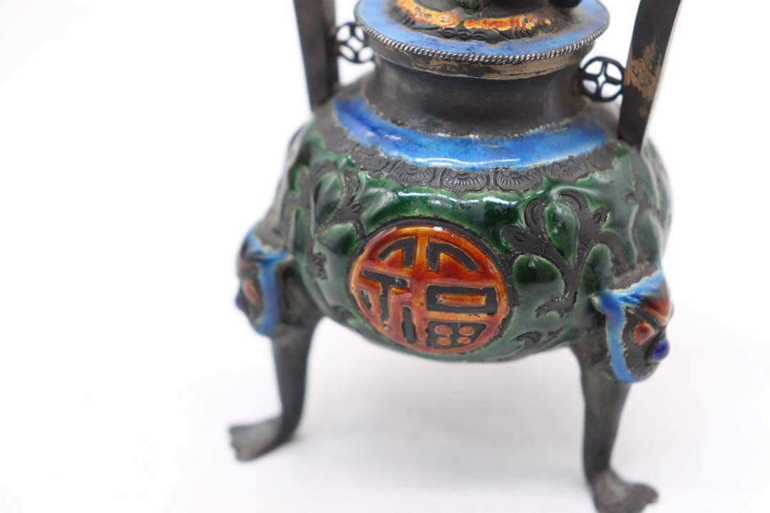 中国　清時代　福寿　銀製七宝焼獣足香炉　木箱入　送料込み250509