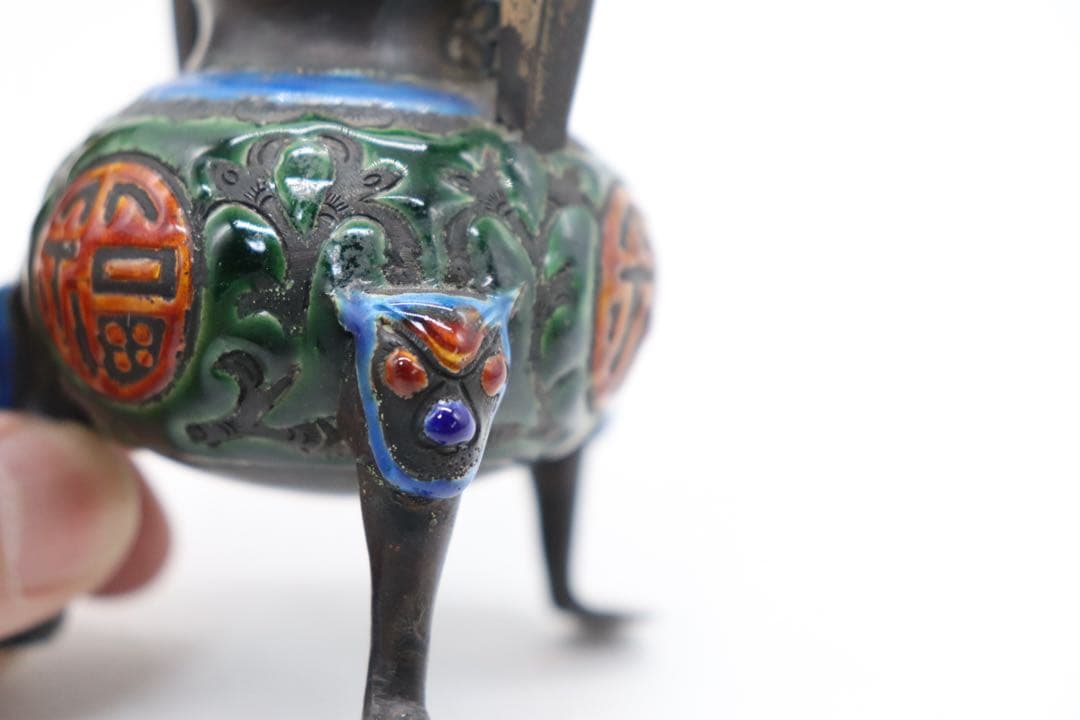 中国　清時代　福寿　銀製七宝焼獣足香炉　木箱入　送料込み250509