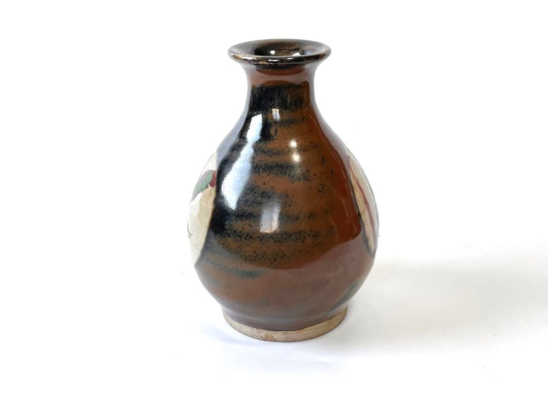 人間国宝　陶芸家　濱田庄司　浜田庄司　柿釉　トウキビ文　赤絵　徳利　共箱　民芸