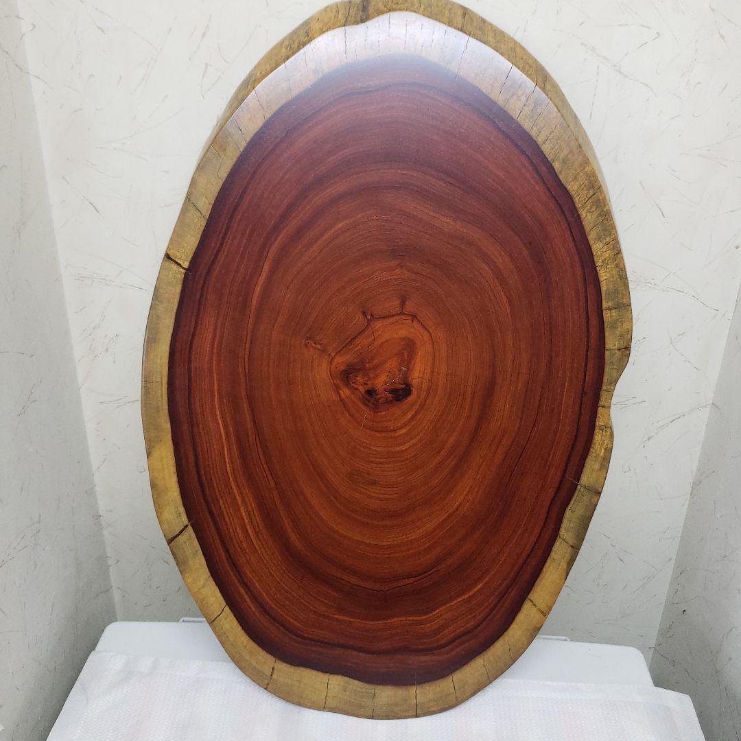 蔵出し特価紫檀製無垢はす切り花台　円形テーブル 赤褐色 大きめ５５×３６×３cm