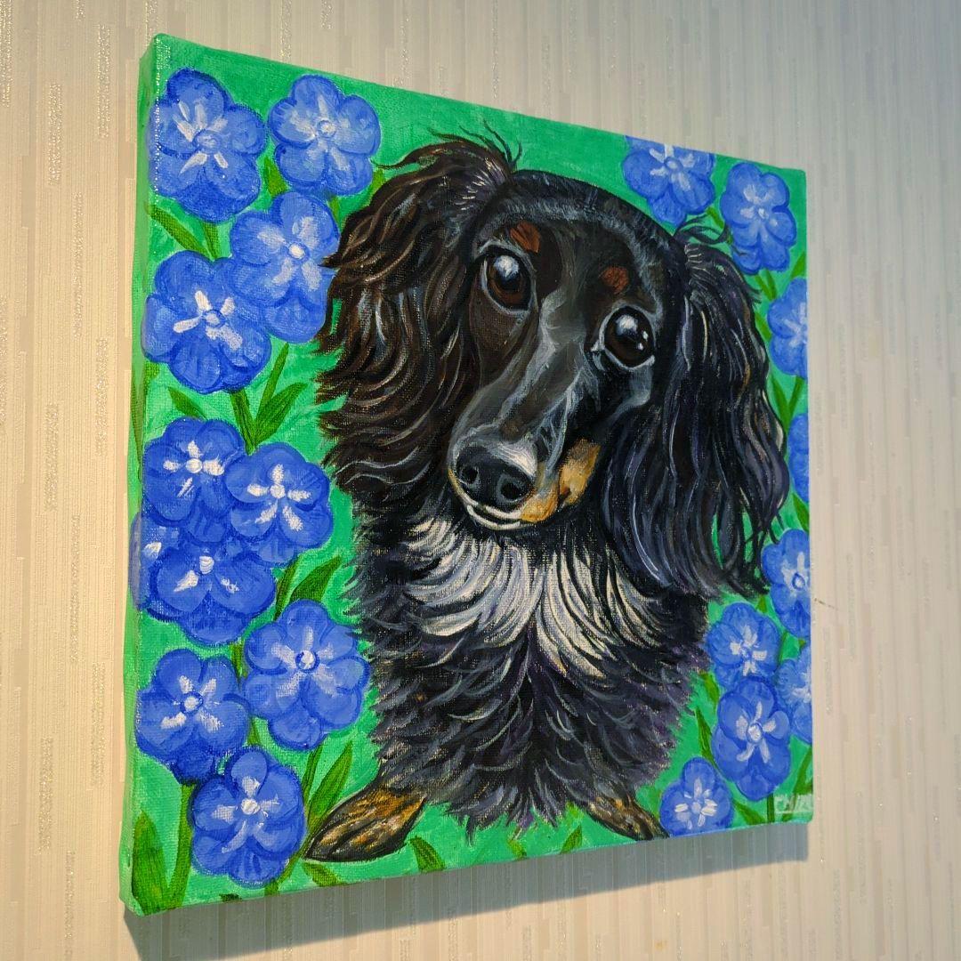 キャンバス油絵　phorn 　美しいラズちゃんと青い花　メモリアル