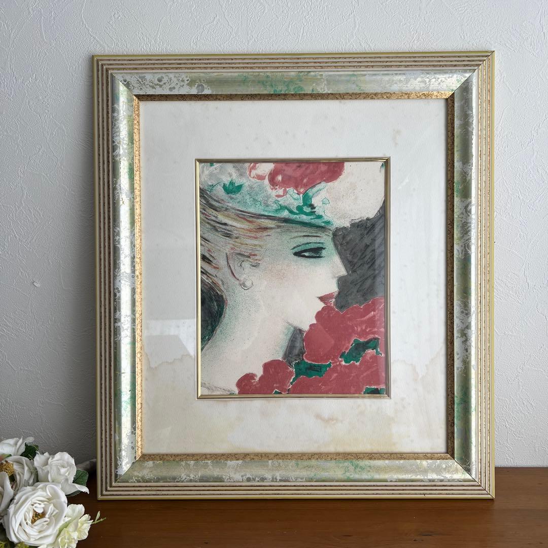 k216r120 フランス画壇の巨匠カシニョール 額装絵画「バラと横顔の肖像」