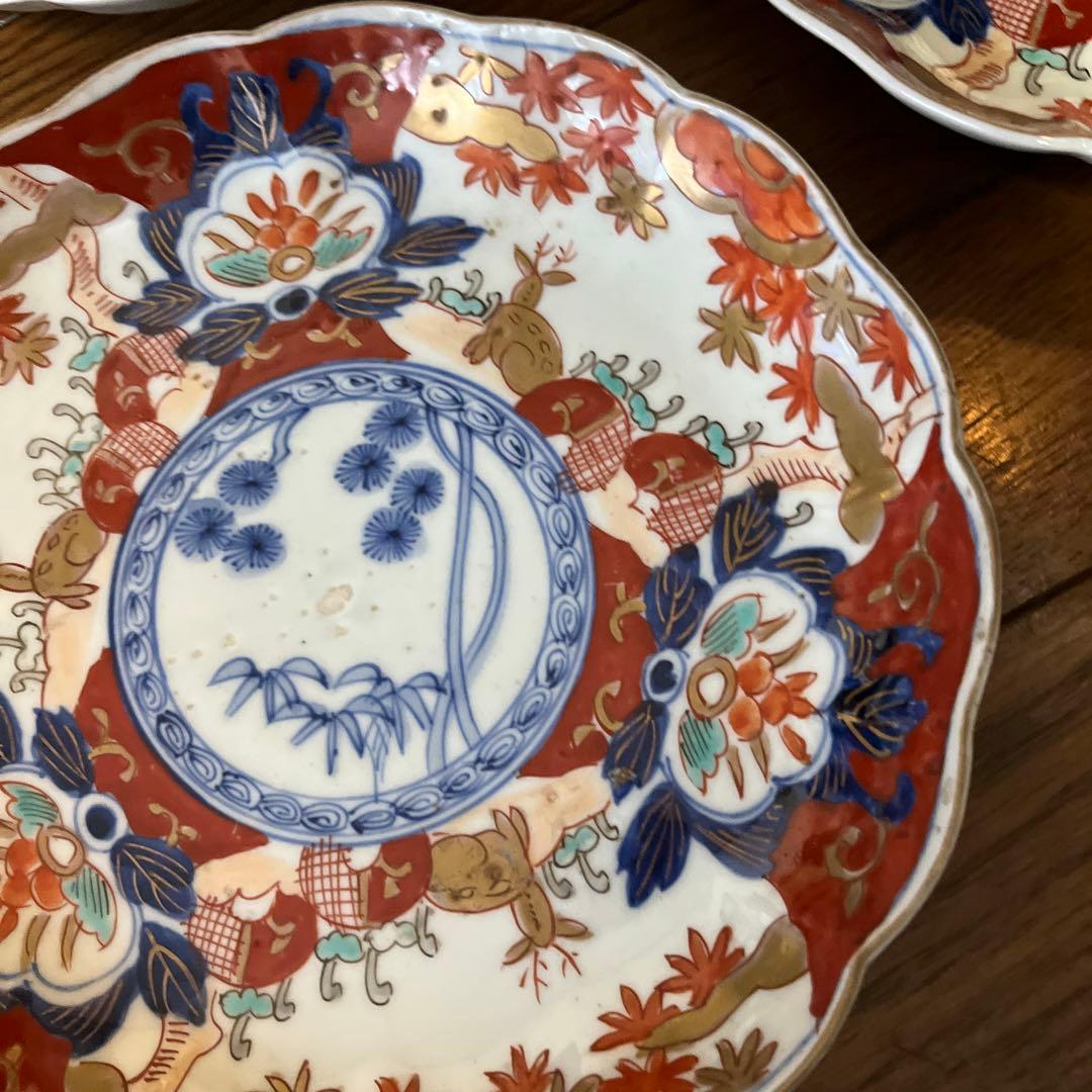 限定最終処分特価　古伊万里色絵大きめ中皿五枚セット完品　シカと紅葉　素敵な食卓