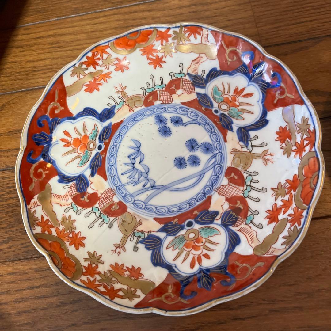 限定最終処分特価　古伊万里色絵大きめ中皿五枚セット完品　シカと紅葉　素敵な食卓