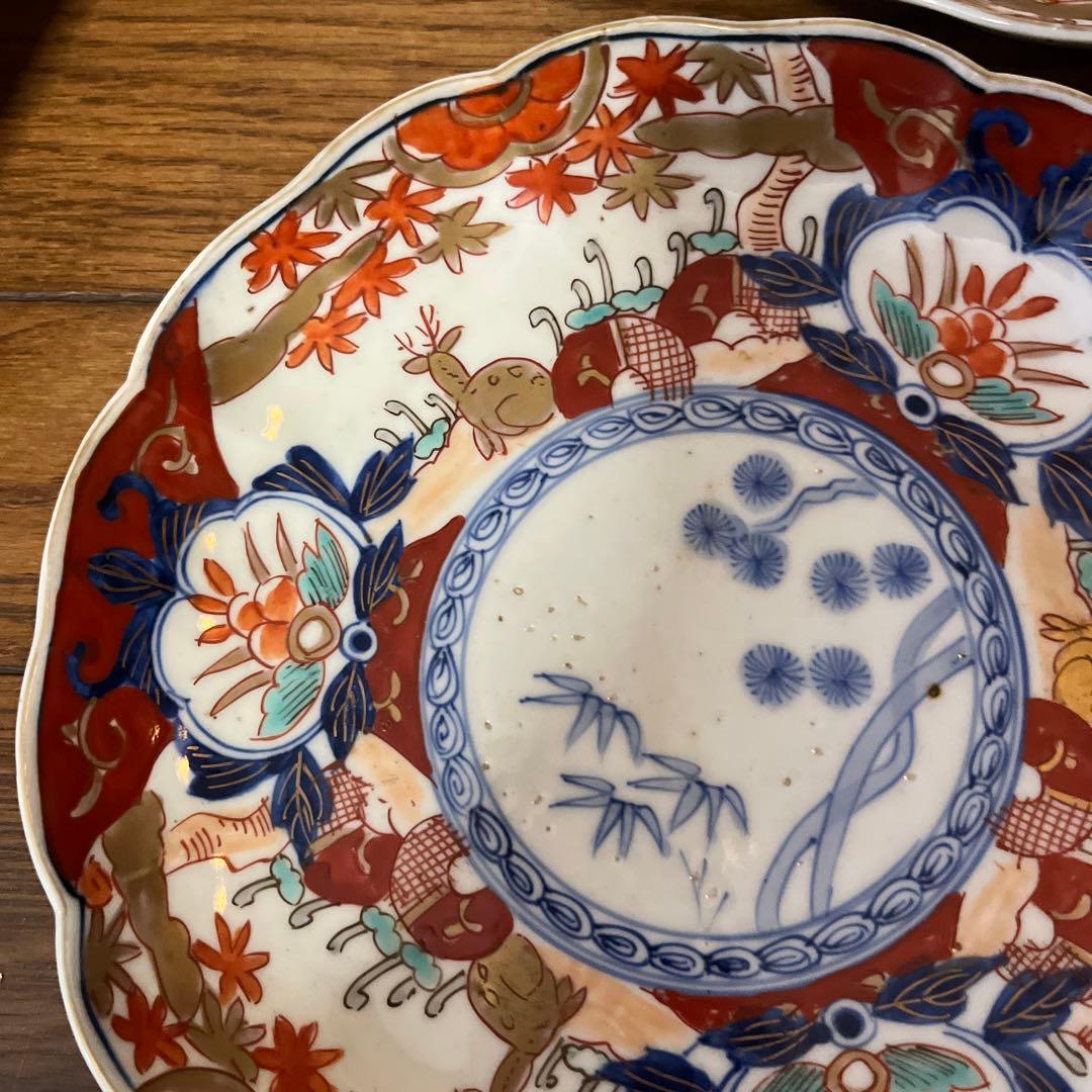 限定最終処分特価　古伊万里色絵大きめ中皿五枚セット完品　シカと紅葉　素敵な食卓