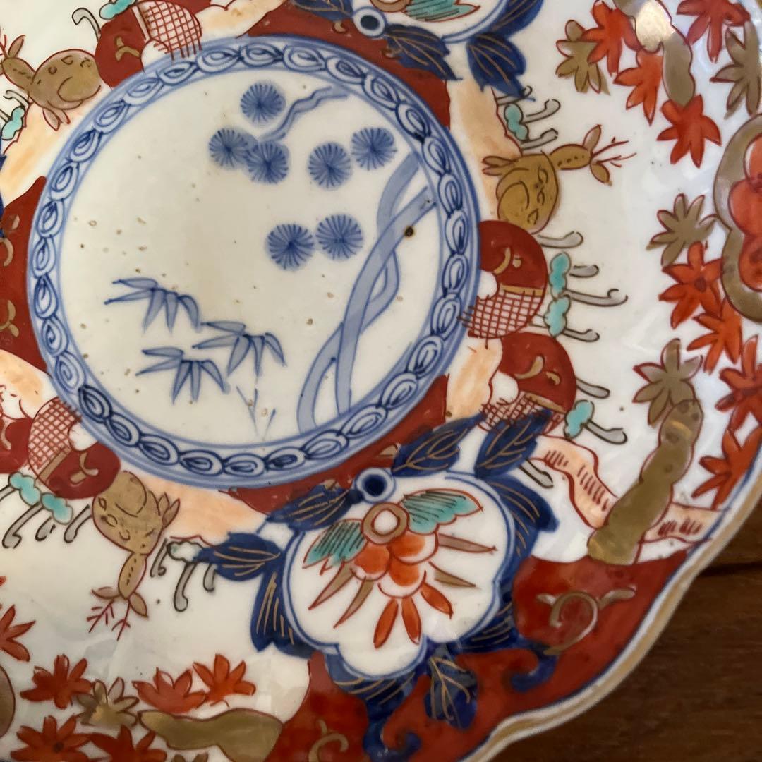 限定最終処分特価　古伊万里色絵大きめ中皿五枚セット完品　シカと紅葉　素敵な食卓