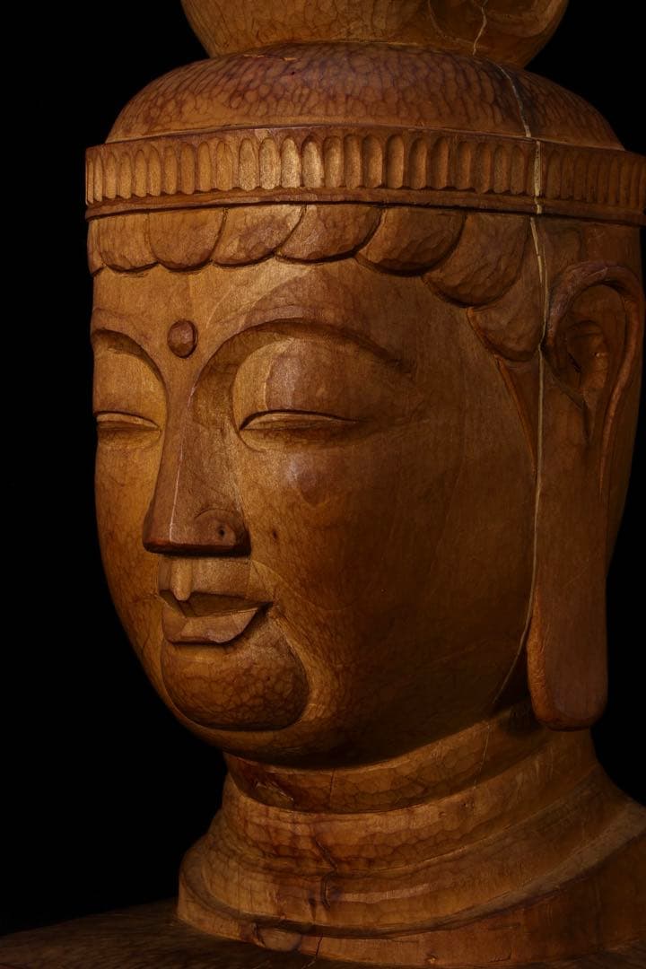 木彫『菩薩頭部』 共箱 高さ35cm 観音菩薩 仏像 頭 一刀彫 彫刻 仏教美術