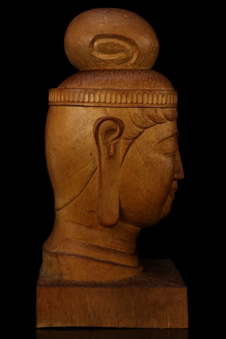 木彫『菩薩頭部』 共箱 高さ35cm 観音菩薩 仏像 頭 一刀彫 彫刻 仏教美術