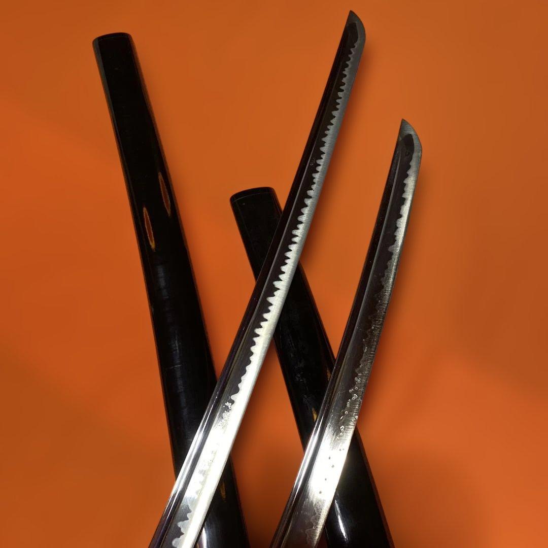 高級居合刀大小２本 黒柄 竹笹木瓜黒鍔 黒呂鞘