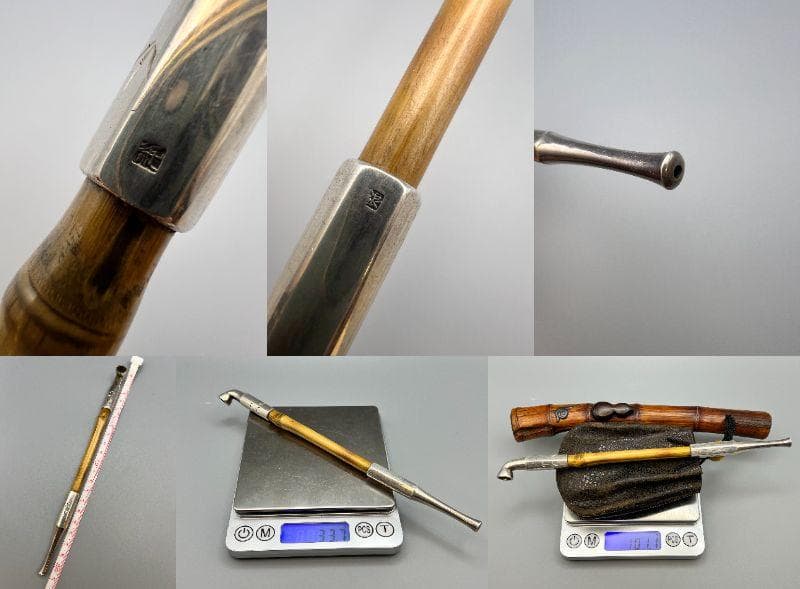 明治時代　竹製キセル入れ　在銘　紫檀製瓢箪高肉　蝸牛萌絵　骨製根〆　純銀製キセル