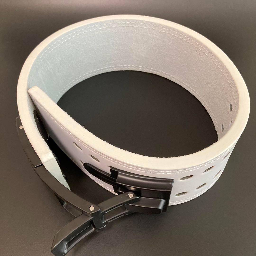 〈訳あり〉パワーベルト レバーアクション 本革 ワンタッチ可変式 白ベルト×黒B