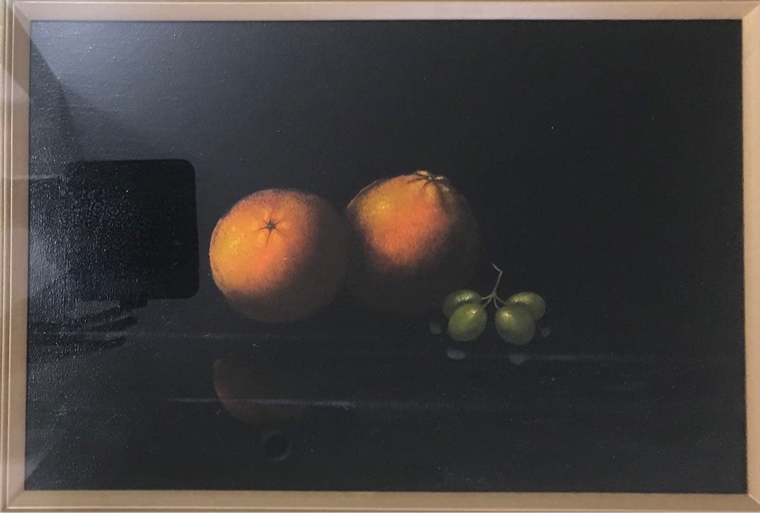 静物画　オレンジと葡萄　油彩画　サイズP6