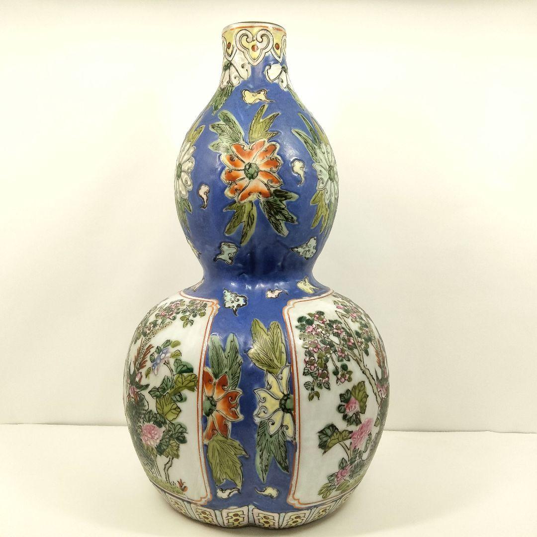 中国 大清同治年製 色絵粉彩花鳥図 瓢箪形花瓶 高さ38cm　EE
