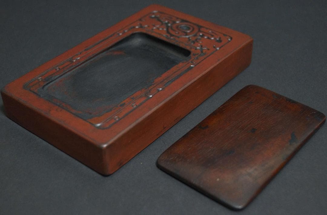 清 龍紋端渓硯 唐木紫檀硯台蓋付☆書道具☆時代物☆